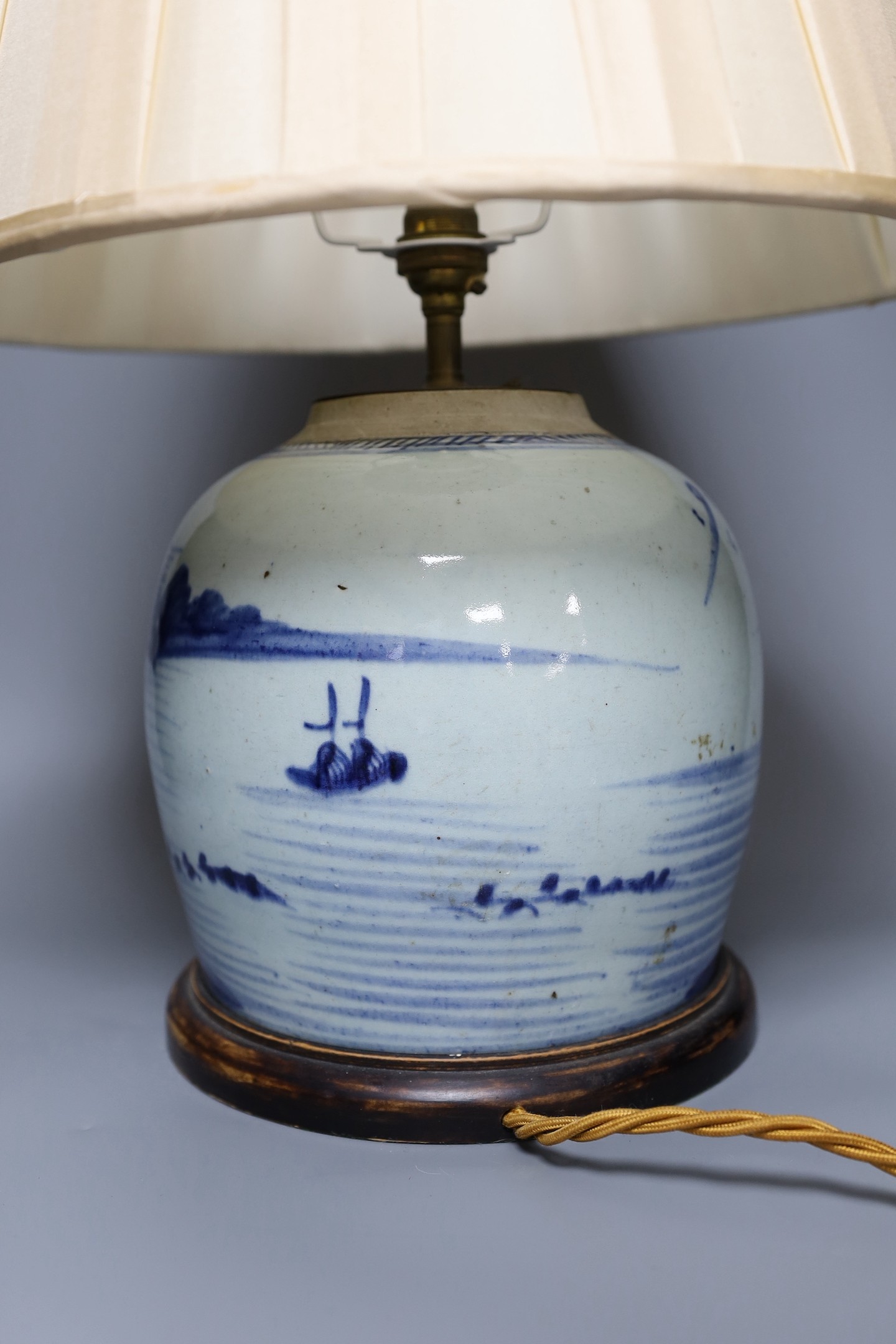 A 19th century Chinese blue and white vase converted into a lamp with shade, overall 49cm tall